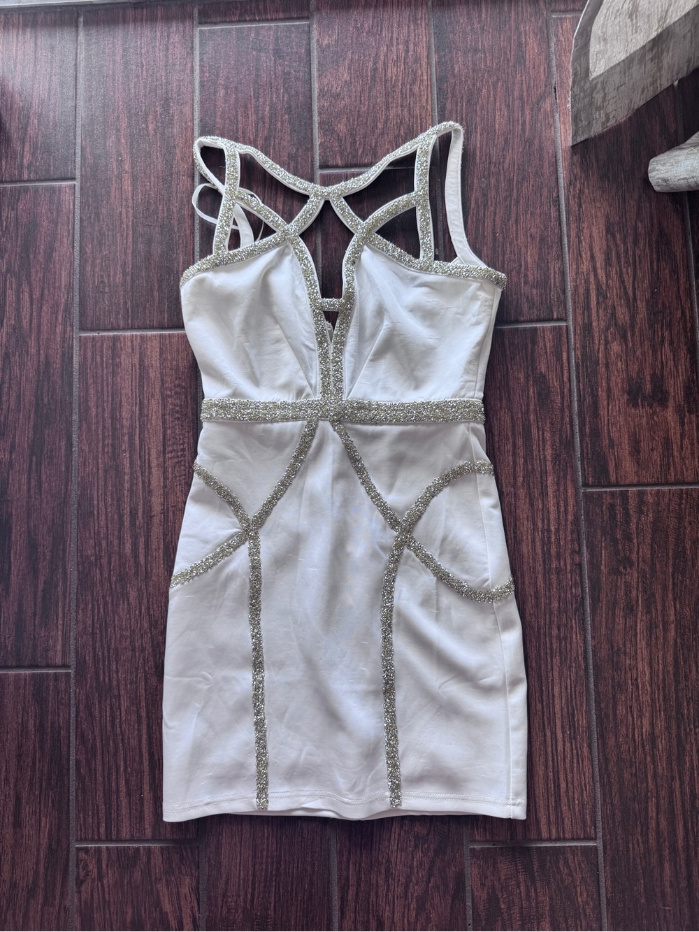 White Embellished Mini Dress with Geometric Cutout Back